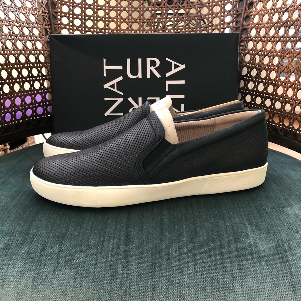 Black, perforated leather slip on sneakers, 9.5N